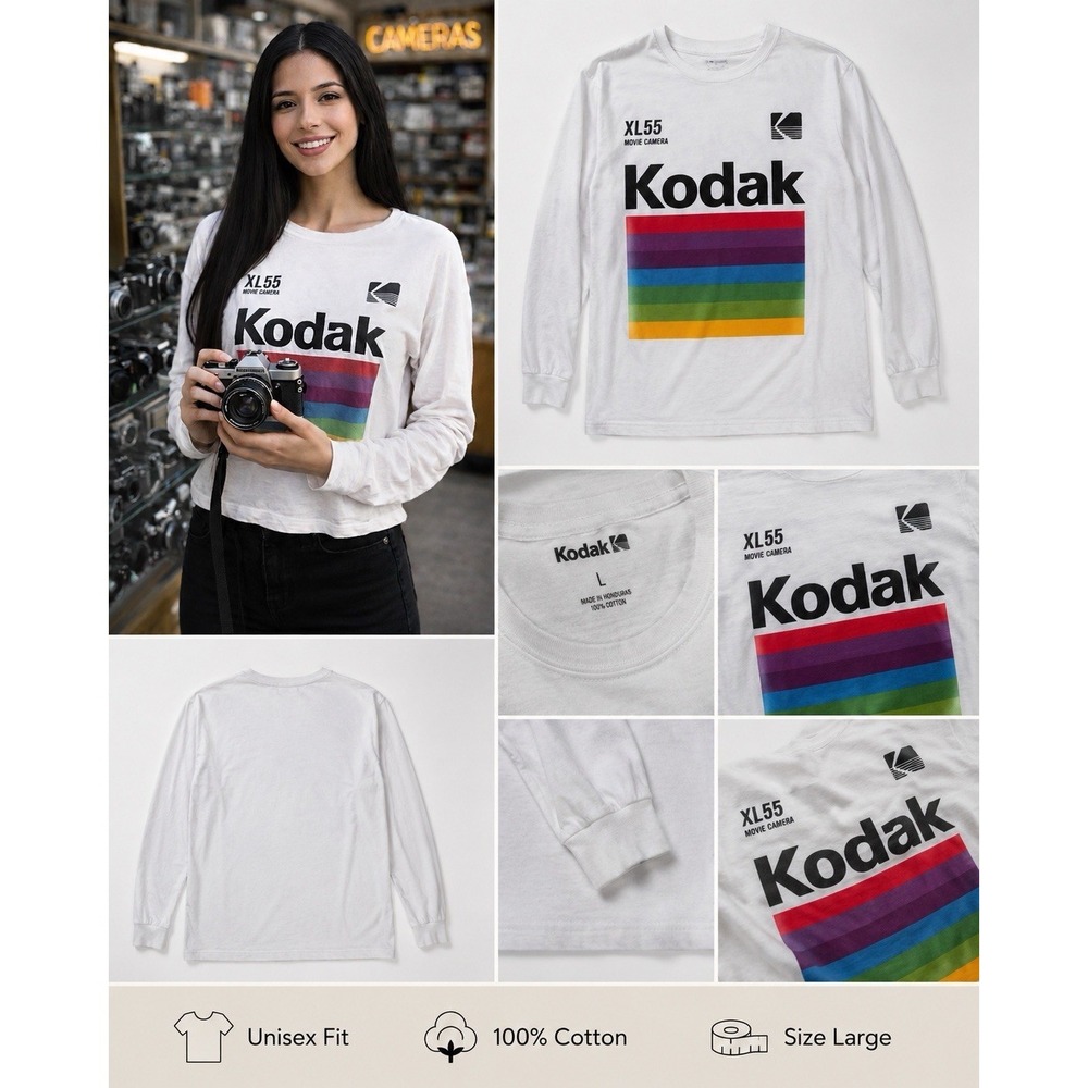 Kodak Rainbow Logo Shirt Women's Large Graphic Tee Retro Camera Film Y2K White